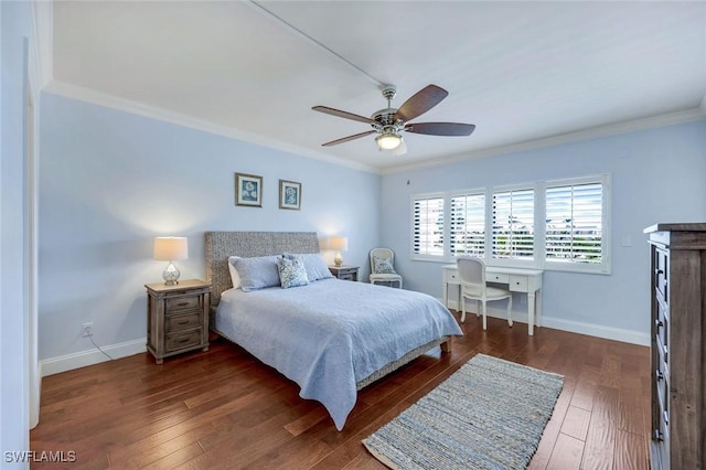 bedroom with crown molding, dark wood finished floors, baseboards, and ceiling fan