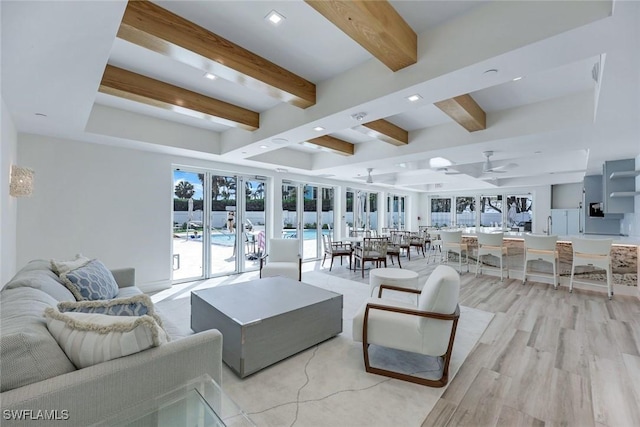 living room featuring light wood-style flooring, ceiling fan, french doors, beam ceiling, and recessed lighting