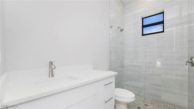 bathroom featuring vanity, toilet, and a stall shower