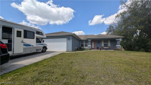 single story home featuring concrete driveway, stucco siding, an attached garage, and a front yard