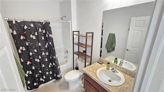 bathroom featuring toilet, shower / tub combo, tile patterned flooring, and vanity