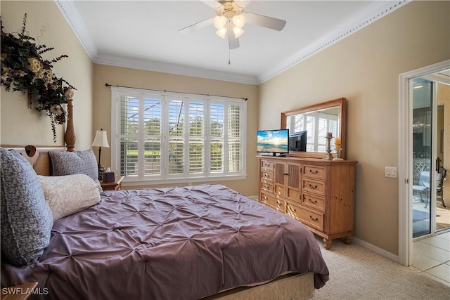 bedroom featuring light carpet, ceiling fan, ornamental molding, and baseboards