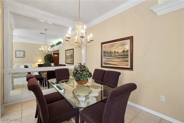 dining area featuring a chandelier, crown molding, baseboards, and light tile patterned floors