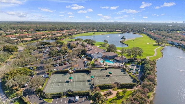 bird's eye view with view of golf course and a water view