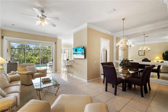 living area featuring ornamental molding, visible vents, and light tile patterned floors