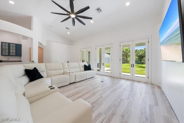 1240 Desoto Blvd S, Naples, FL 34117 - living room featuring french doors, light wood-style flooring, ceiling fan, recessed lighting, and high vaulted ceiling