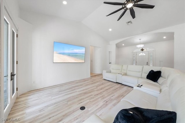 1240 Desoto Blvd S, Naples, FL 34117 - living area featuring vaulted ceiling, light wood-style floors, ceiling fan, and recessed lighting
