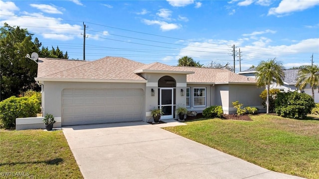 ranch-style home with an attached garage, driveway, a front lawn, and stucco siding