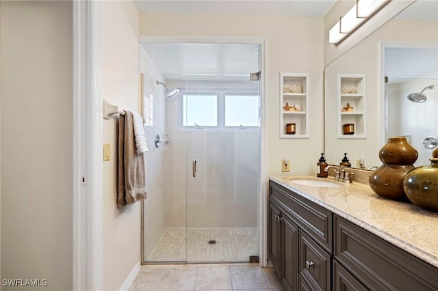 bathroom featuring a shower stall, vanity, and tile patterned floors