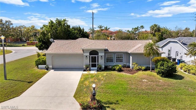 single story home with an attached garage, driveway, roof with shingles, stucco siding, and a front yard