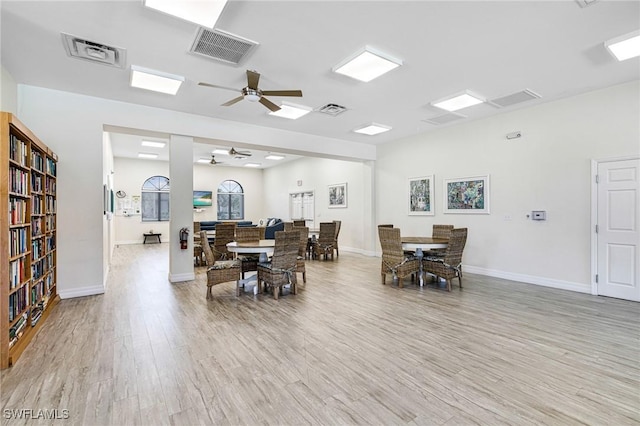 dining space featuring visible vents, light wood-style flooring, and baseboards