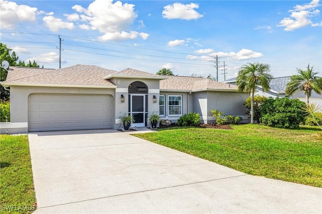 ranch-style home featuring an attached garage, driveway, a front lawn, and stucco siding