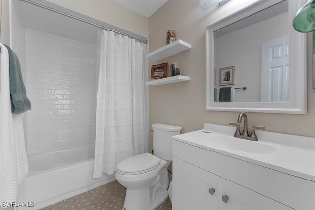 bathroom featuring vanity, shower / tub combo with curtain, tile patterned flooring, and toilet