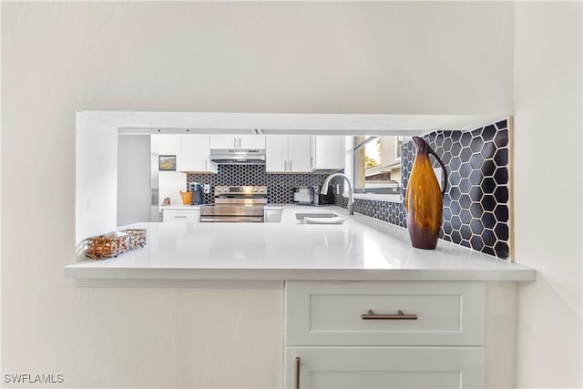 kitchen with tasteful backsplash, stainless steel range with electric stovetop, a sink, white cabinets, and under cabinet range hood
