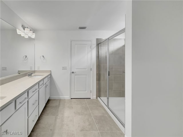 bathroom with tile patterned flooring, a sink, visible vents, a shower stall, and double vanity