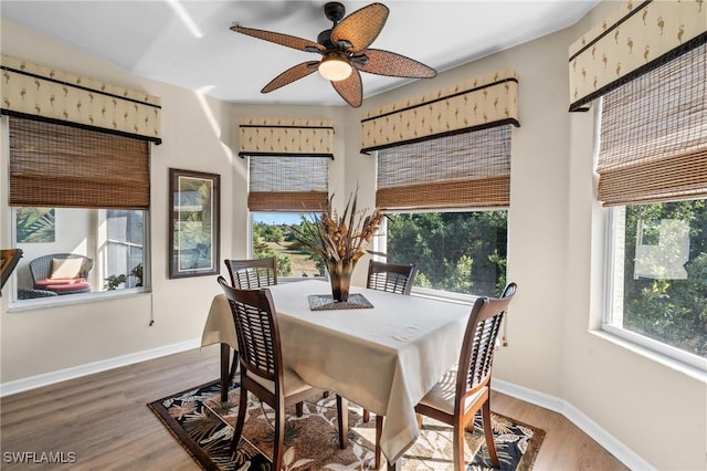 dining space with a ceiling fan, baseboards, and wood finished floors