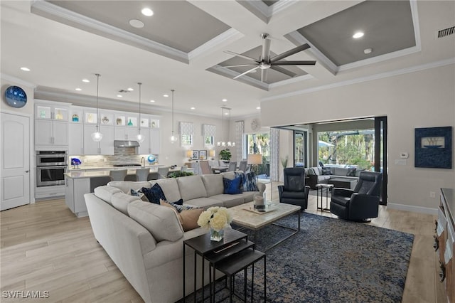 living area featuring crown molding, recessed lighting, light wood-style flooring, coffered ceiling, and baseboards