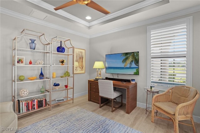 home office featuring baseboards, ornamental molding, and wood finished floors