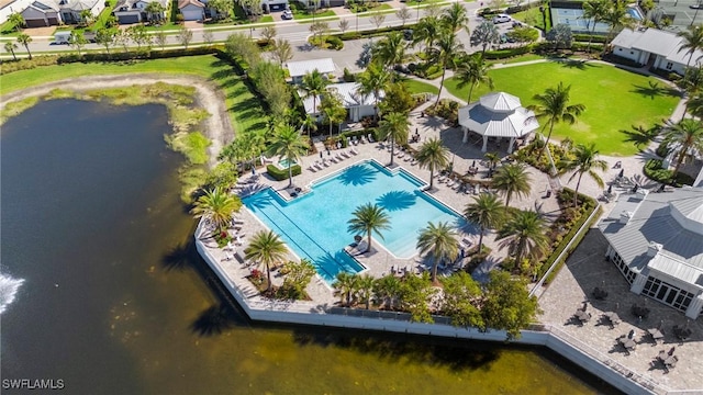 aerial view with a residential view and a water view