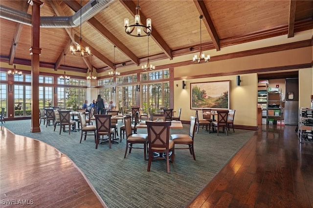 dining room featuring an inviting chandelier, wood ceiling, and beam ceiling