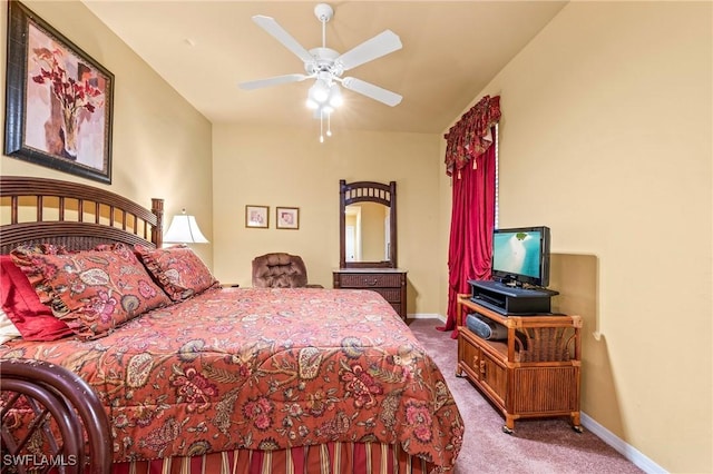 bedroom featuring carpet floors, ceiling fan, and baseboards