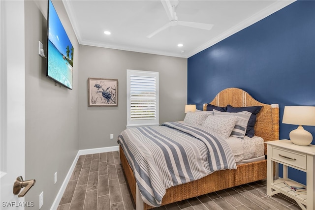 bedroom with ceiling fan, baseboards, ornamental molding, and wood finish floors