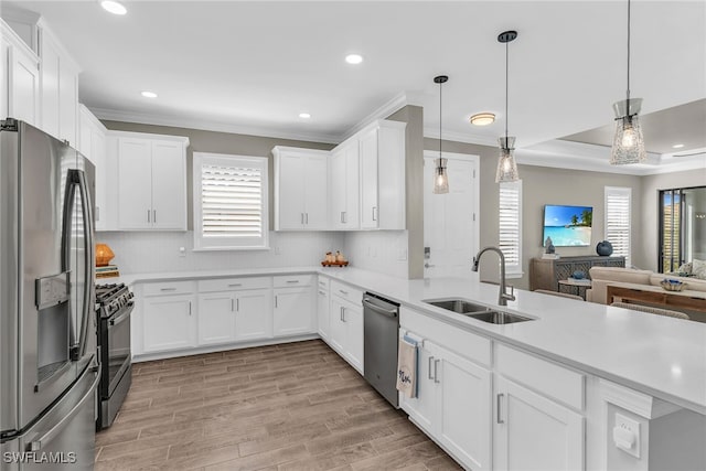 kitchen with stainless steel appliances, a sink, light wood-style floors, open floor plan, and crown molding