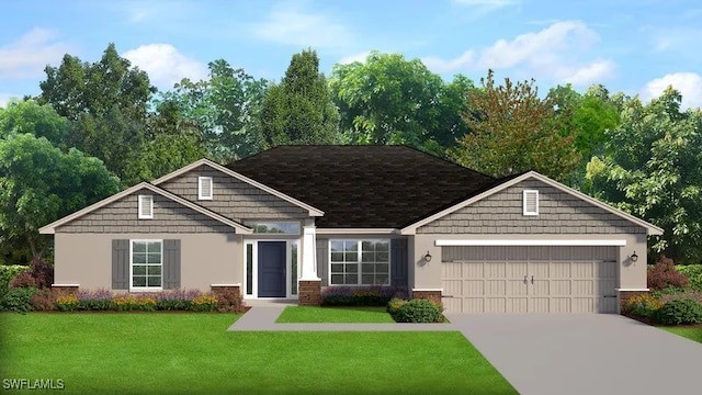 view of front of property with a front lawn, concrete driveway, and a garage