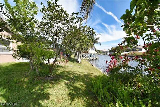 dock area featuring a water view and a yard