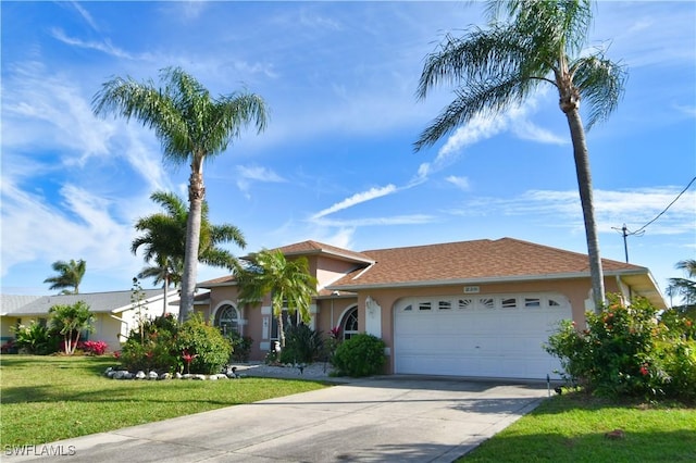 view of front facade with a front yard, concrete driveway, an attached garage, and stucco siding