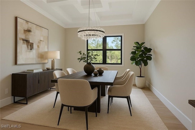 1929 14th Ave NE, Naples, FL 34120 - dining room with an inviting chandelier, ornamental molding, light wood-style floors, baseboards, and coffered ceiling