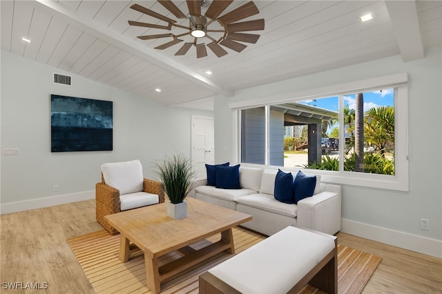 living room featuring vaulted ceiling with beams, light wood-style flooring, visible vents, and baseboards