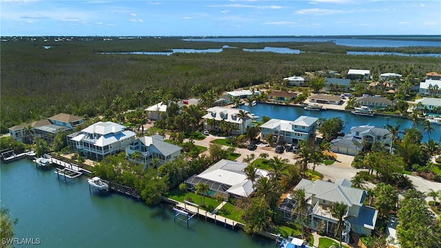 aerial view with a water view and a residential view