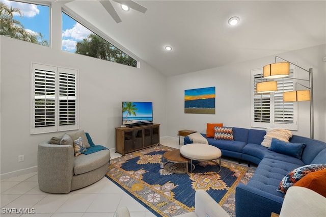 living area featuring high vaulted ceiling, recessed lighting, baseboards, and tile patterned floors