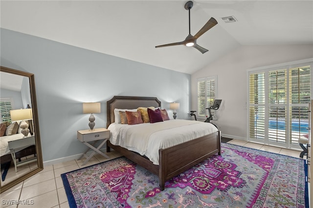 bedroom featuring lofted ceiling, visible vents, a ceiling fan, tile patterned flooring, and access to outside