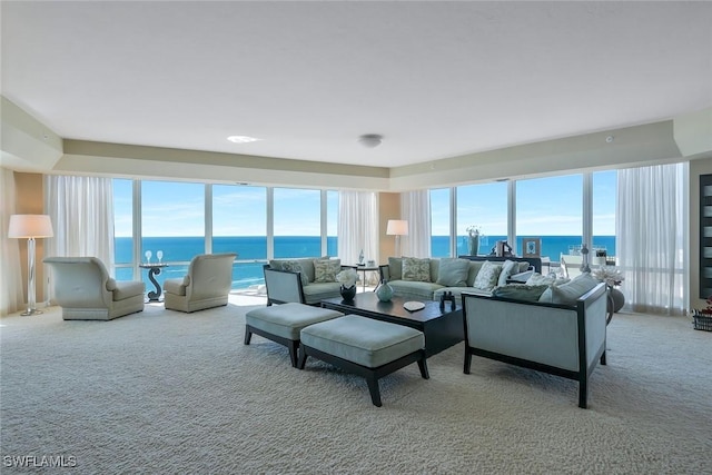 carpeted living room featuring a water view