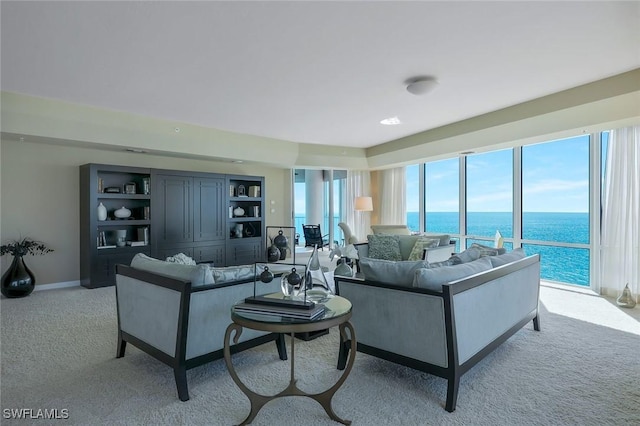 carpeted living room featuring baseboards and a water view