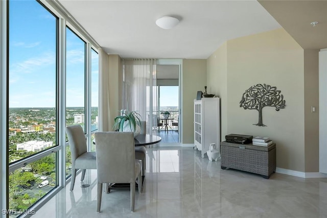 dining space with a healthy amount of sunlight, a wall of windows, and baseboards