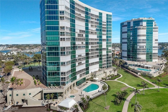 view of building exterior featuring a water view