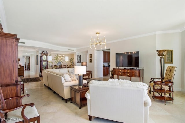 970 Cape Marco Dr Unit 1107, Marco Island, FL 34145 - living area featuring crown molding, visible vents, a notable chandelier, and baseboards