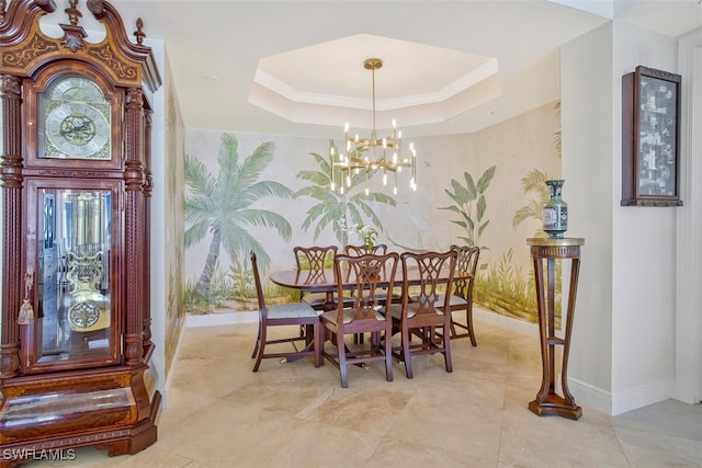 970 Cape Marco Dr Unit 1107, Marco Island, FL 34145 - dining room with a chandelier, wallpapered walls, a tray ceiling, and baseboards