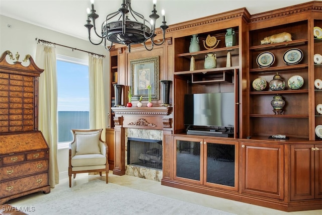 970 Cape Marco Dr Unit 1107, Marco Island, FL 34145 - living area featuring a chandelier, carpet floors, and a premium fireplace