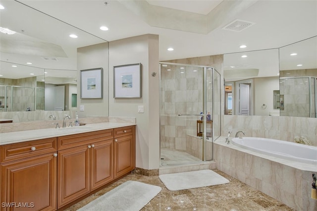 970 Cape Marco Dr Unit 1107, Marco Island, FL 34145 - bathroom with a garden tub, recessed lighting, vanity, visible vents, and a shower stall