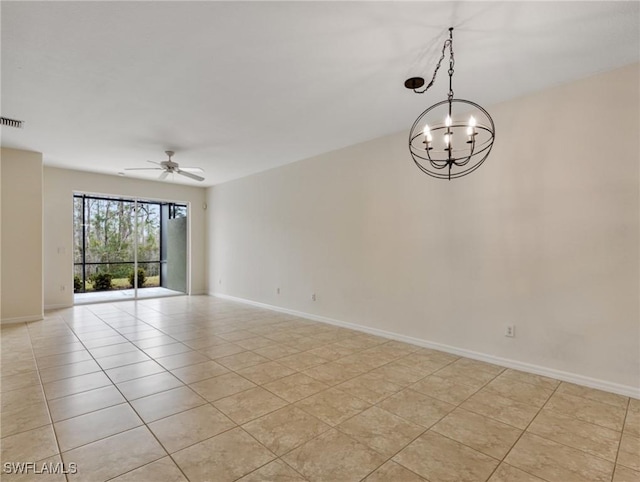 empty room featuring light tile patterned flooring, visible vents, baseboards, and ceiling fan with notable chandelier