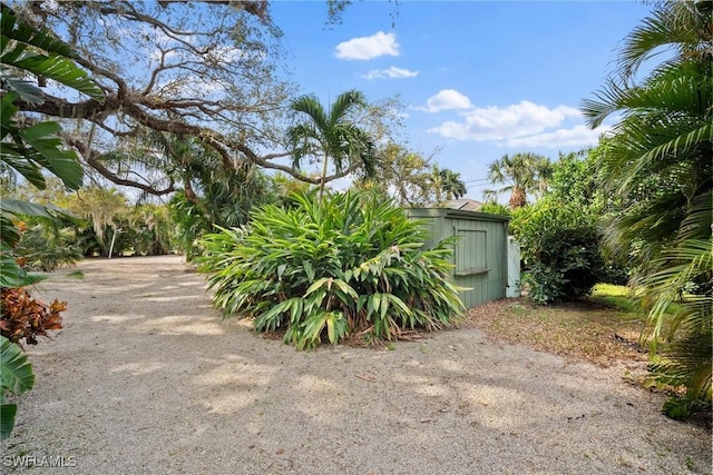 view of yard with a storage shed and an outbuilding