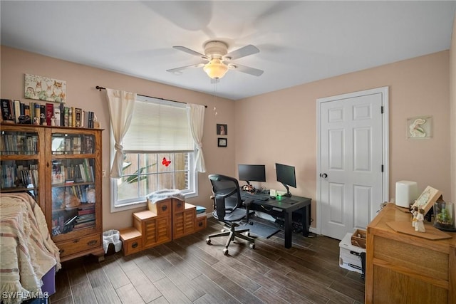 office with a ceiling fan and wood tiled floor