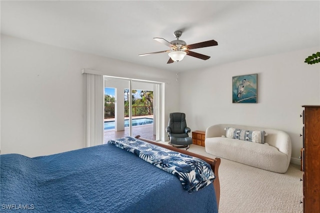 bedroom with access to exterior, ceiling fan, and carpet