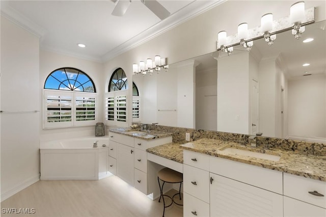 full bathroom featuring a bath, wood finished floors, recessed lighting, and ornamental molding