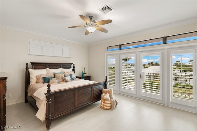 bedroom featuring ceiling fan, access to outside, light wood finished floors, ornamental molding, and visible vents