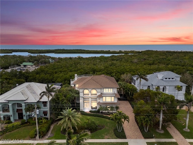 aerial view at dusk with a view of trees and a water view